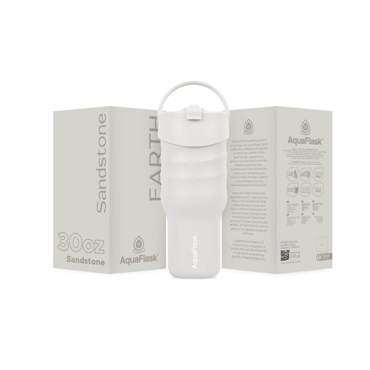 AquaFlask Earth Collection 30oz Insulated Stainless Steel Tumbler with Handle β Hot 12H / Cold 24H, Leak-Proof & Durable