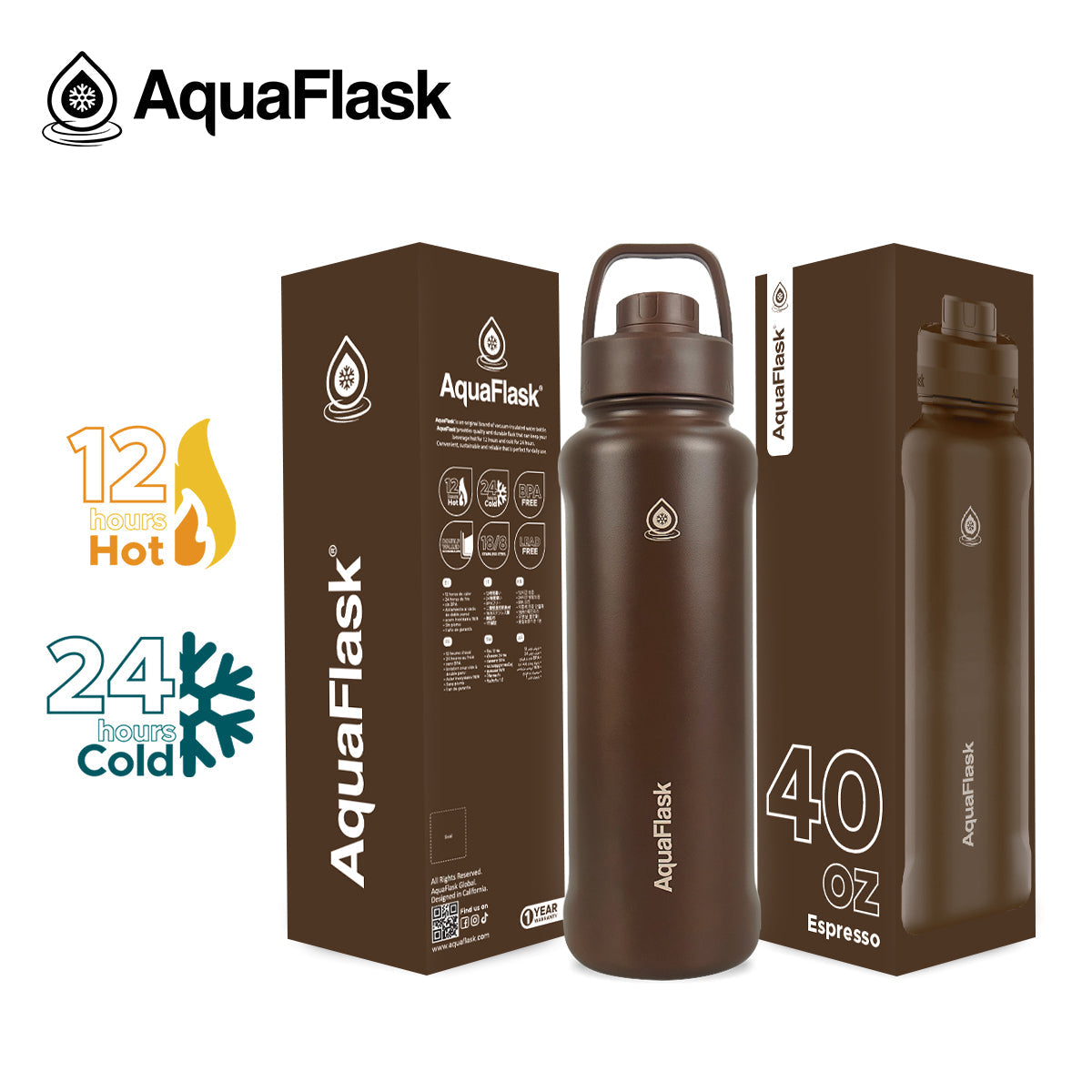 AquaFlask 1080ml (40oz) Stainless Steel Water Bottle with Sports Lid β Hot & Cold, Leakproof, BPA-Free
