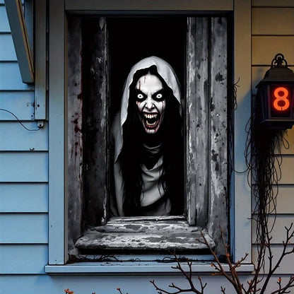 One Halloween curtain - featuring a terrifying design of a ghostly female face, with a horror theme and seasonal decoration.