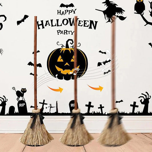 Halloween Floating Witch Broom with Witch Hat Haunted Dancing Moving Prop with Ghost Sounds Terror Atmosphere Home Party Decor