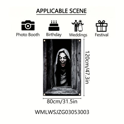 One Halloween curtain - featuring a terrifying design of a ghostly female face, with a horror theme and seasonal decoration.