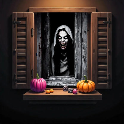 One Halloween curtain - featuring a terrifying design of a ghostly female face, with a horror theme and seasonal decoration.